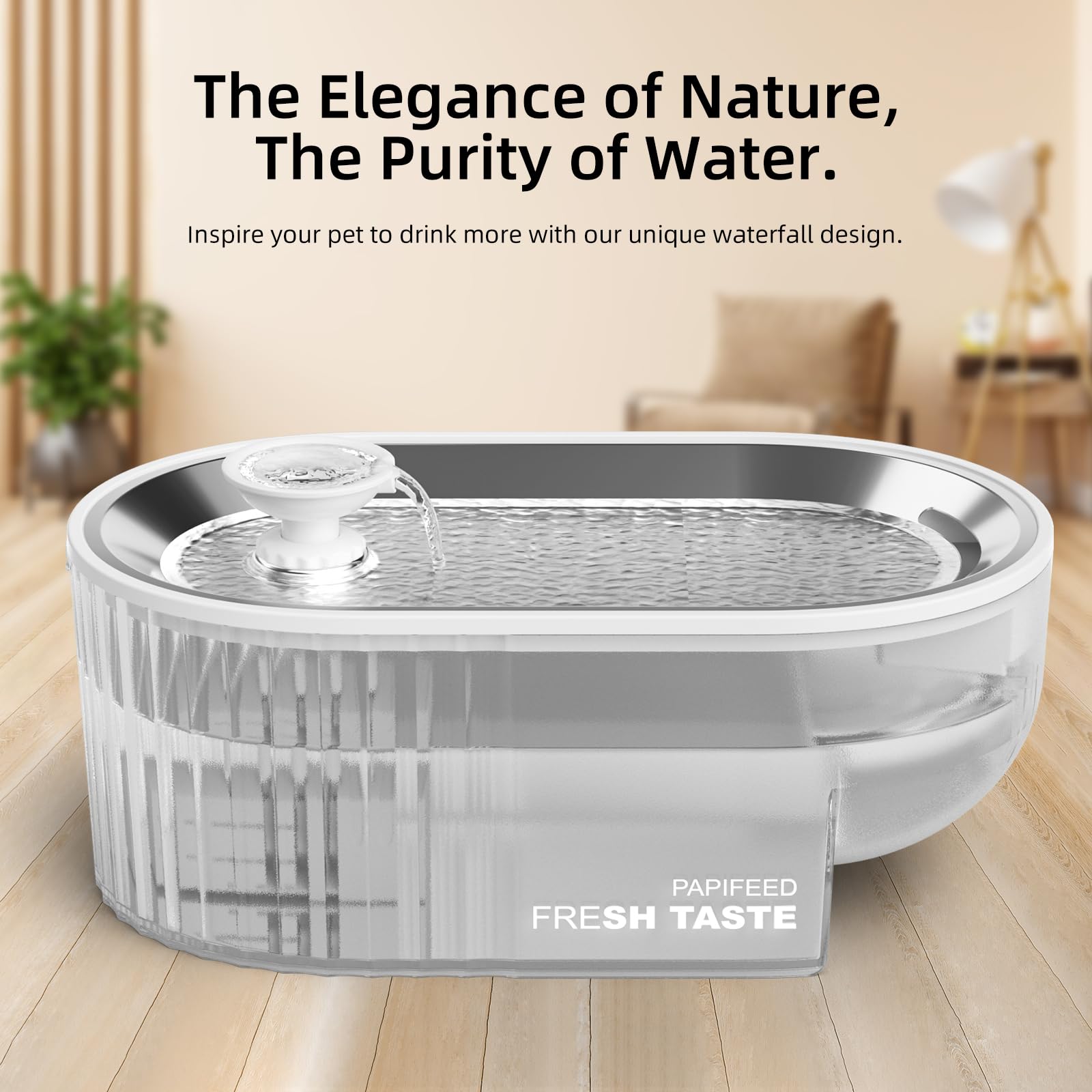 PAPIFEED stainless steel tray closeup shows hygienic metal surface for clean feeding.
