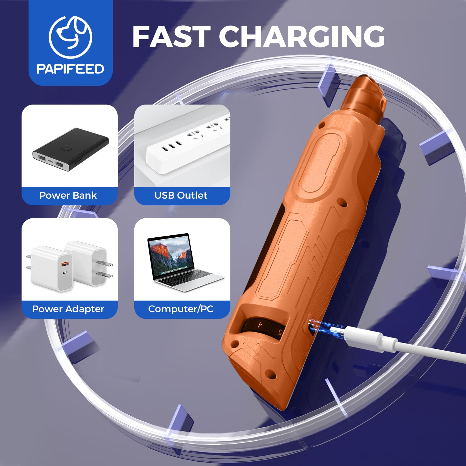 PAPIFEED Type-C charging for convenient recharging between sessions.