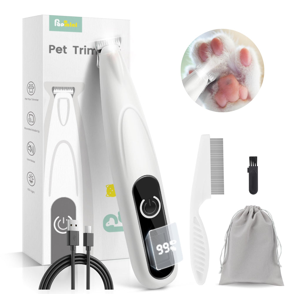 PAPMINI dog grooming kit with LED display shows battery level for easy charging reminders.