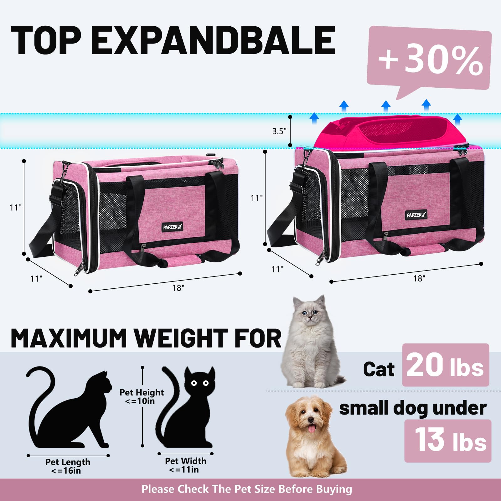 PAPZER extended-height top cat carrier shows extra headroom for pets.