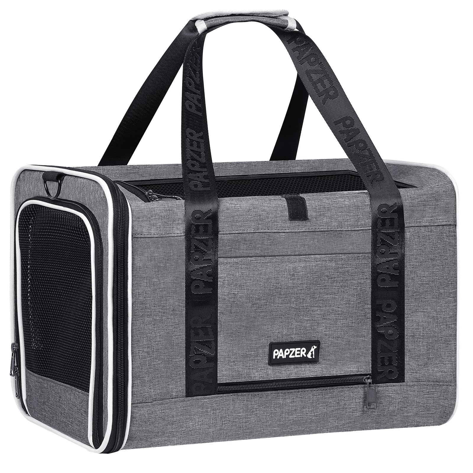 PAPZER grey soft-sided carrier ideal for medium pets on flights.