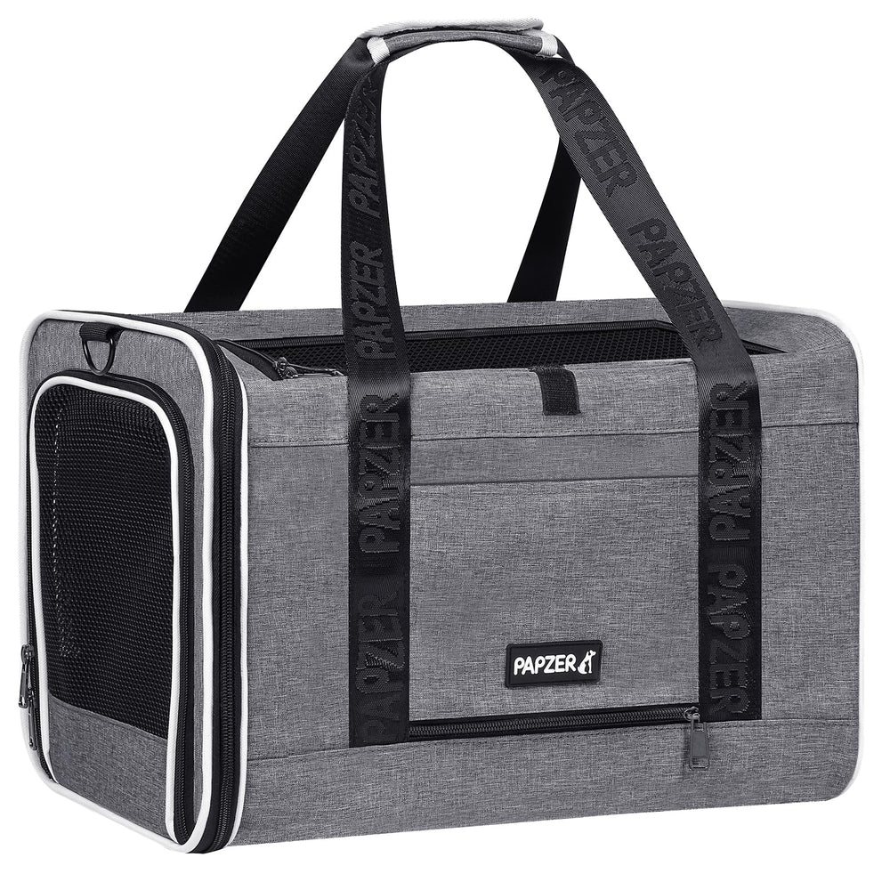 PAPZER grey soft-sided carrier ideal for medium pets on flights.