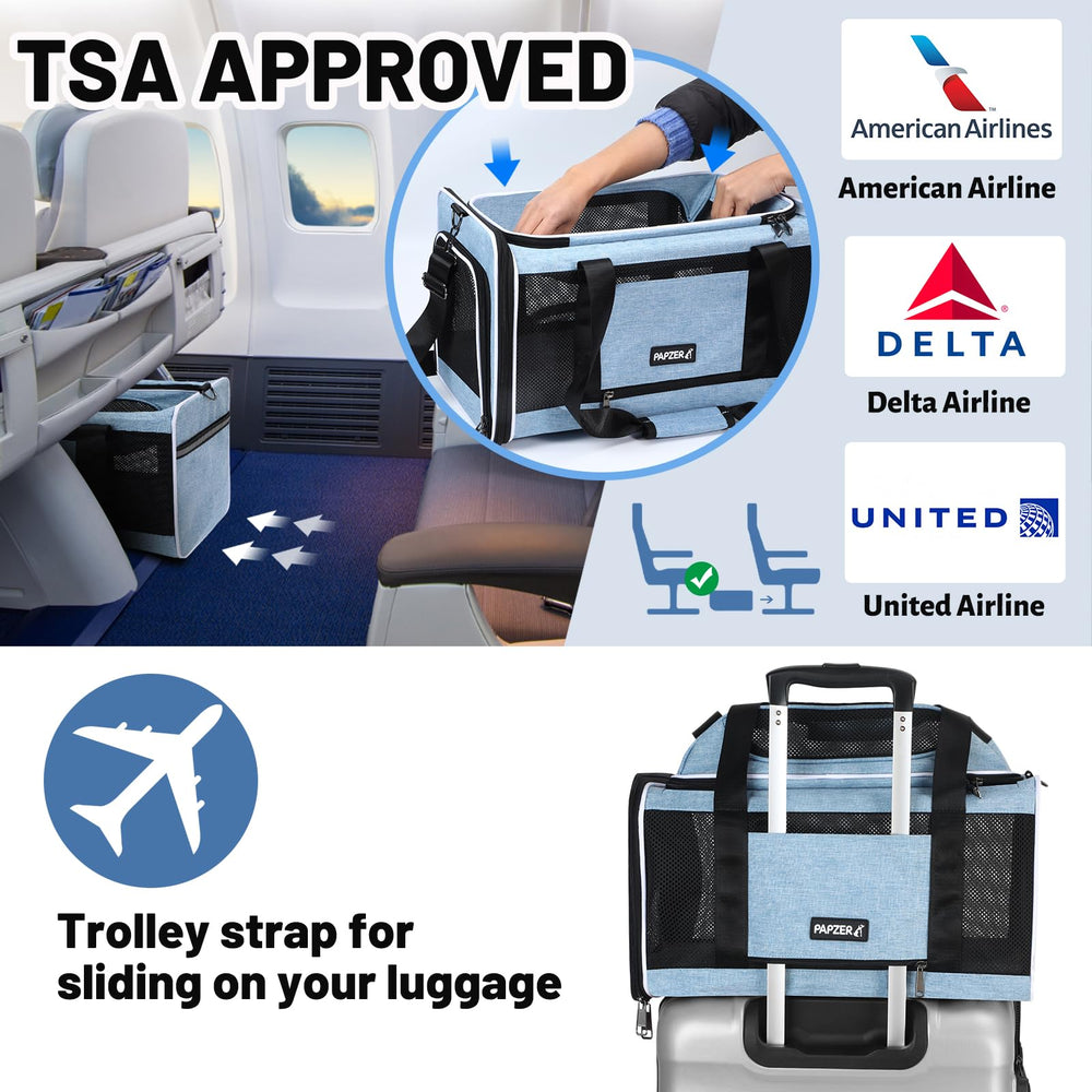 PAPZER safe-travel inner tether and auto-locking zippers for pet security.
