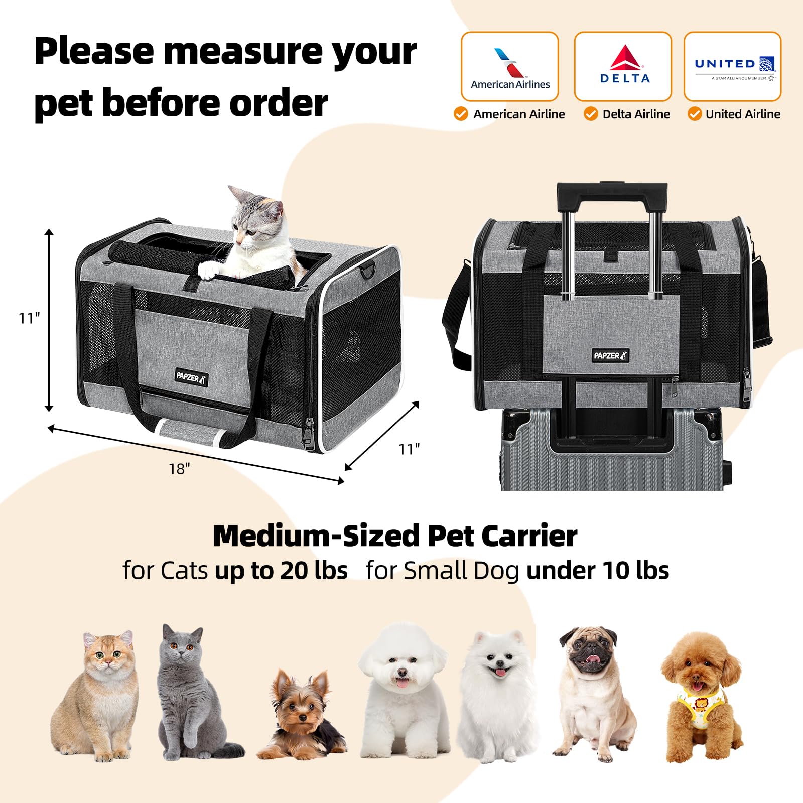 PAPZER soft-sided travel bag 18x11 demonstrates roomy mid-size-pet space.