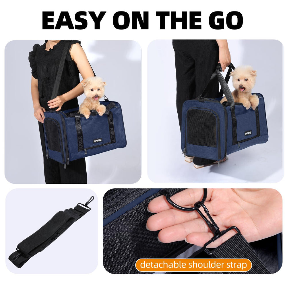 PAPZER Top Load Carrier hands-free mobility with adjustable strap for comfortable vet and station visits.