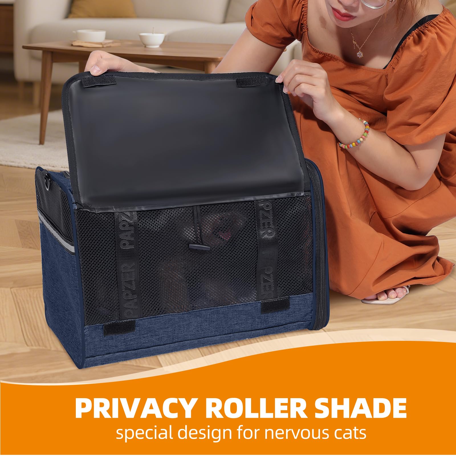 PAPZER Top Load Carrier privacy shade up keeps curious pets secure yet observant during travel.