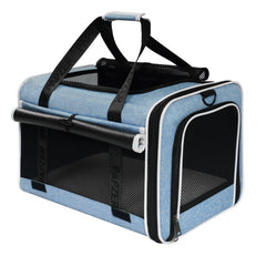 Papzer top-loading cat carrier under-seat with privacy shade keeps cats calm during flights.