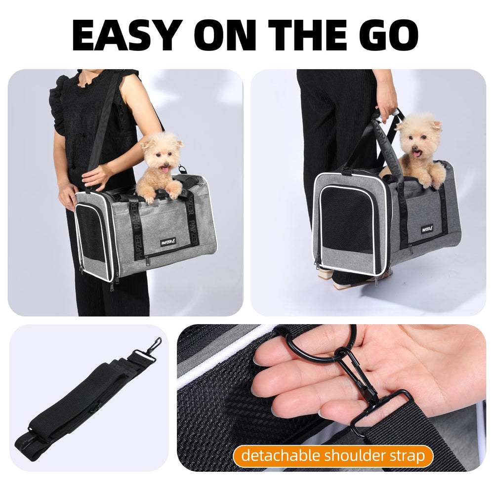 PAPZER under-seat compatibility image shows airline-friendly dimensions.