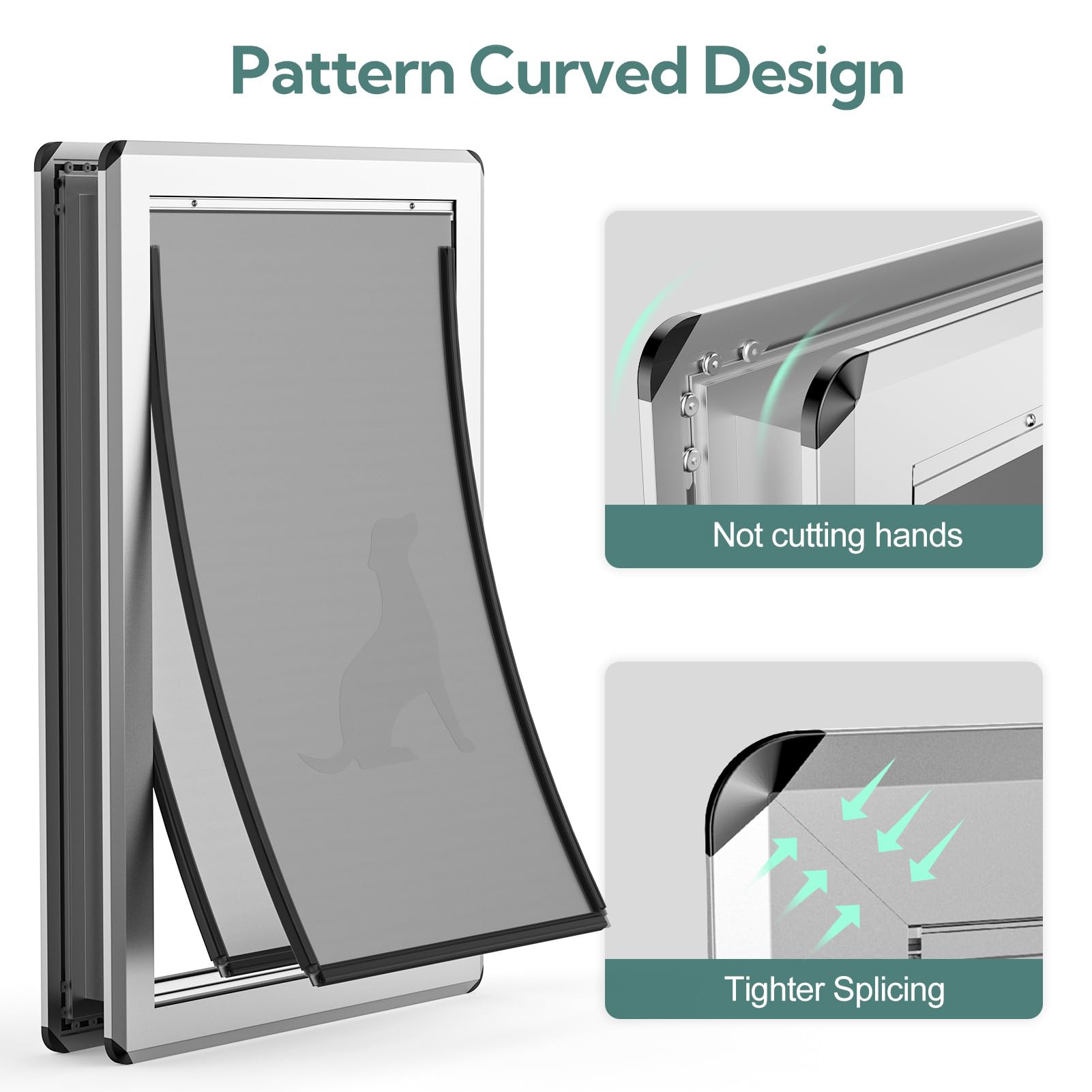 Parab House dog door flap close-up shows magnetic seals for weather blocking.
