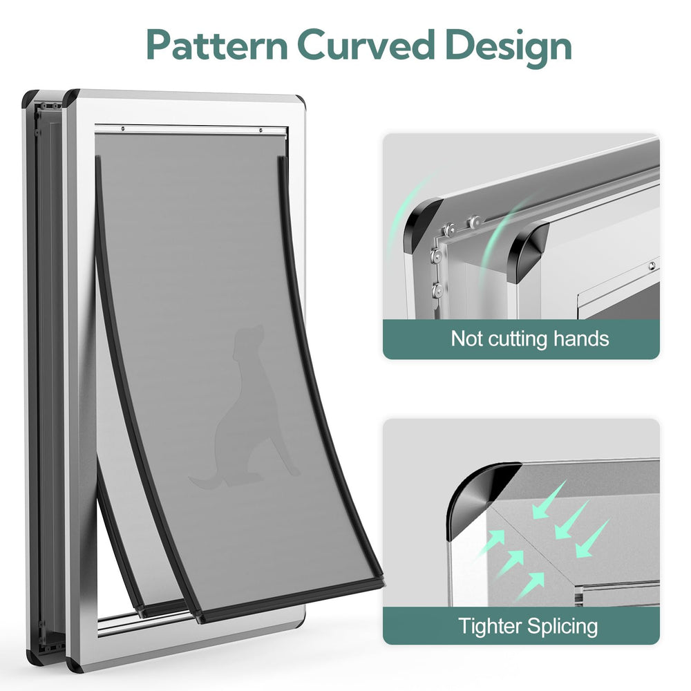 Parab House dog door flap close-up shows magnetic seals for weather blocking.