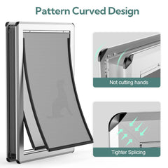 Parab House dog door flap close-up shows magnetic seals for weather blocking.