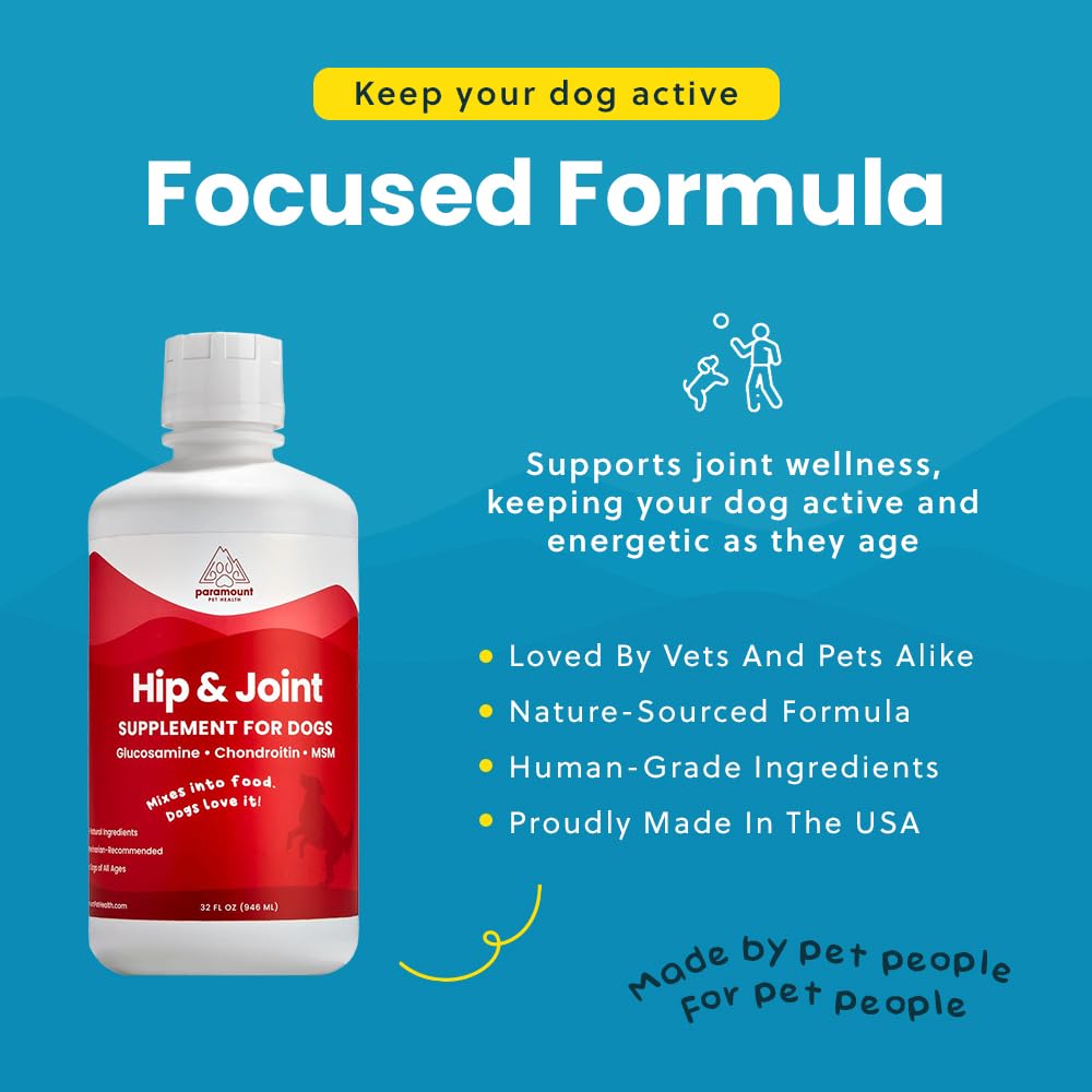 Paramount Pet Health dog paw mid-movement beside the bottle for mobility support.