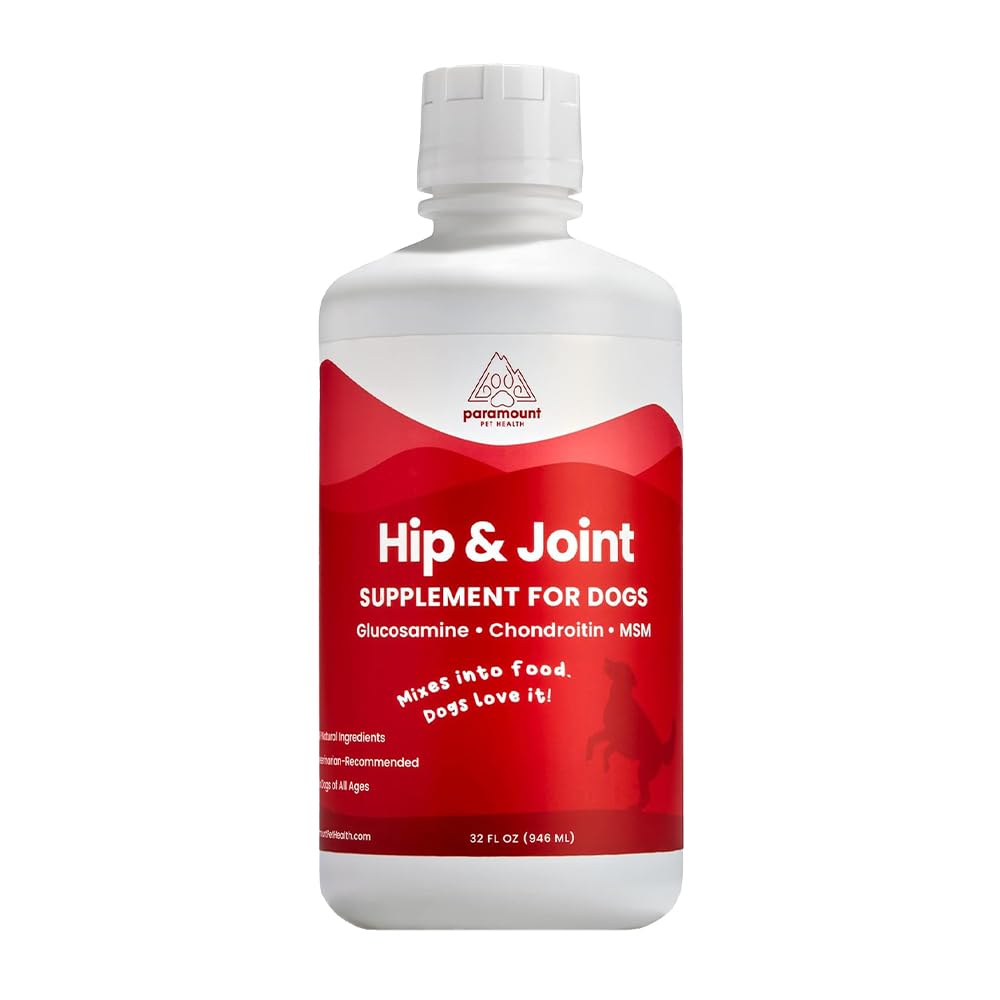 Paramount Pet Health liquid glucosamine bottle closeup for joint support.