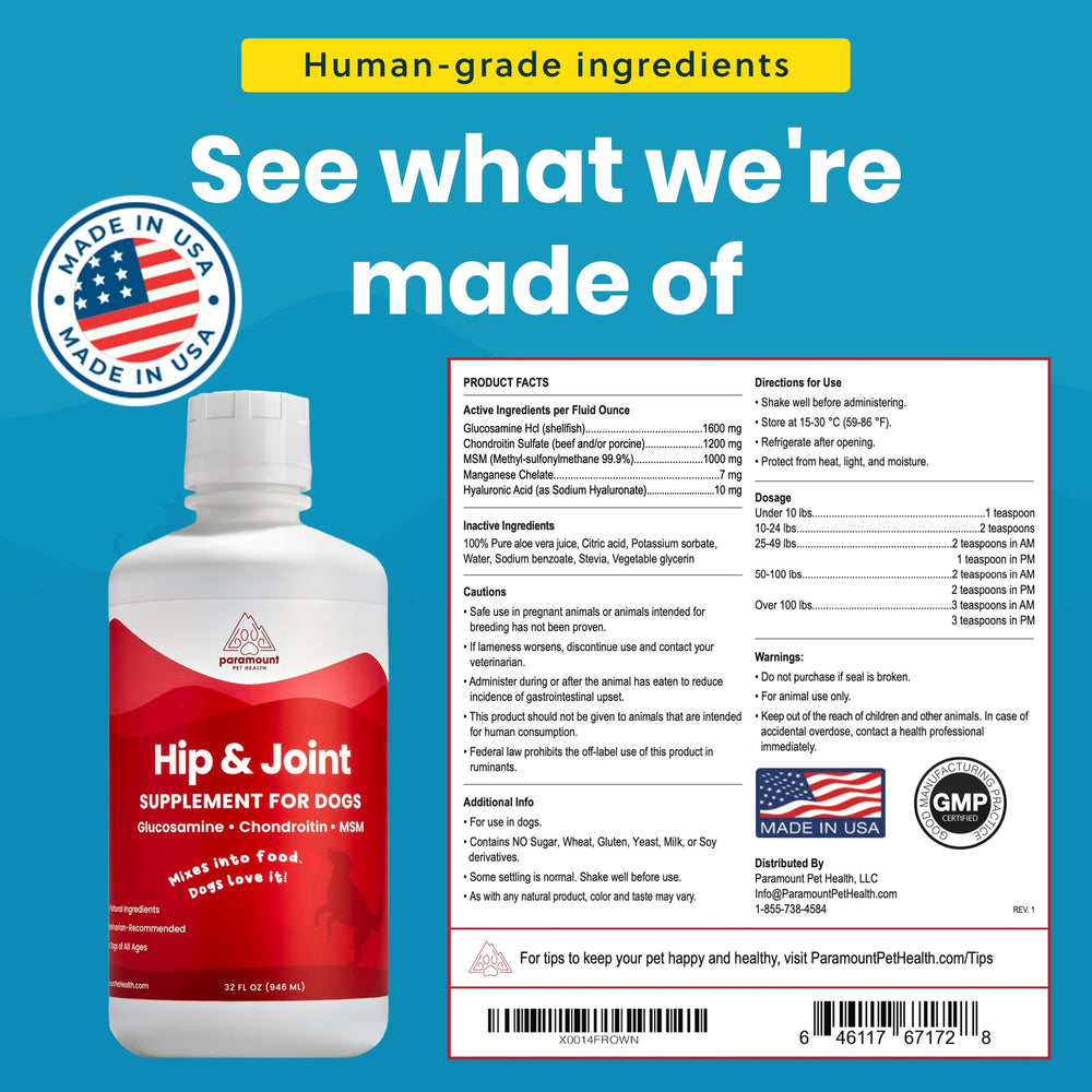 Paramount Pet Health glucosamine being poured to show easy mixing with meals.