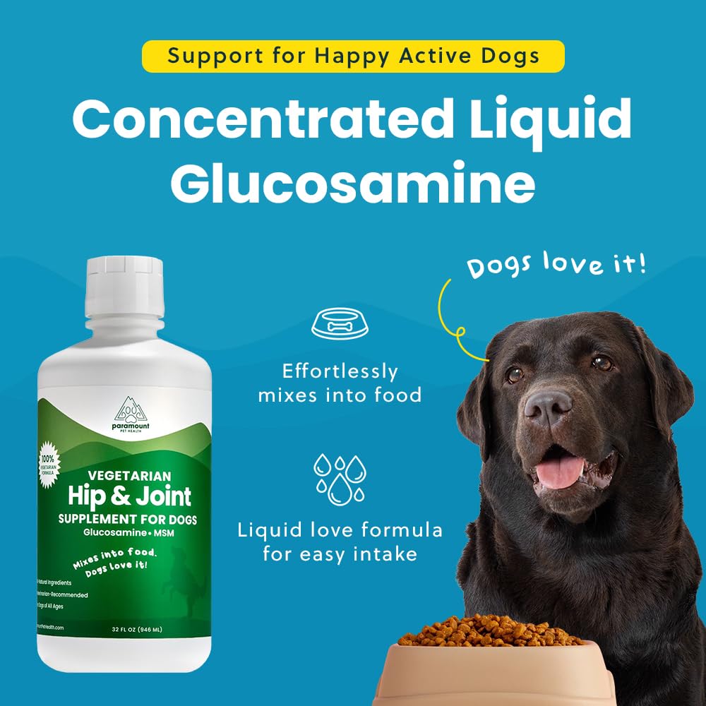 Paramount Pet Health plant-based glucosamine label—1600mg strength highlighted for joints.