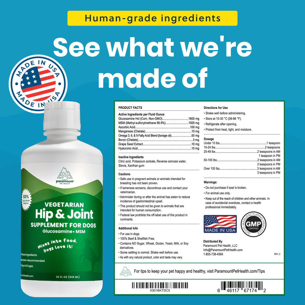 Paramount Pet Health plant-based glucosamine pour—easy mix into meals.