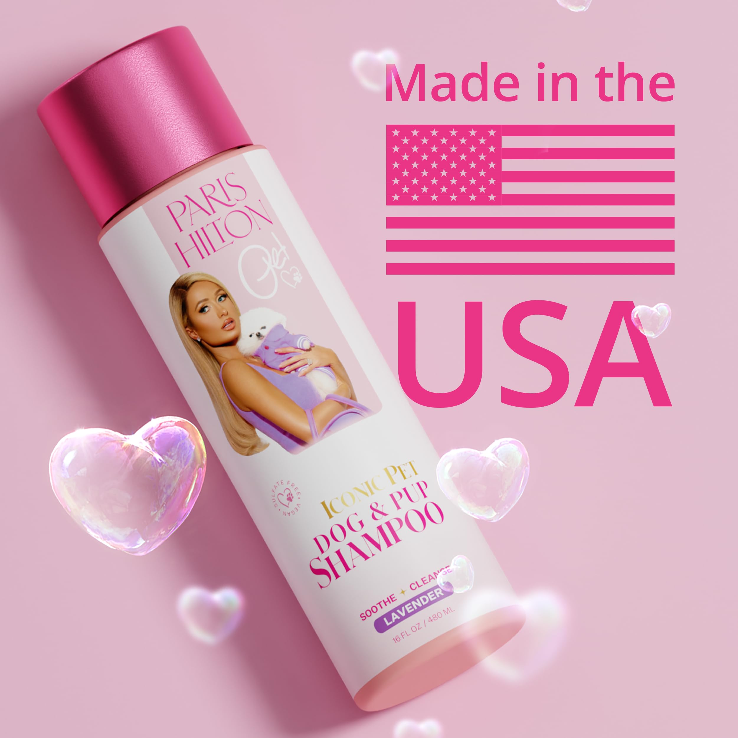 Paris Hilton Dog Shampoo bath-time scene with happy dog