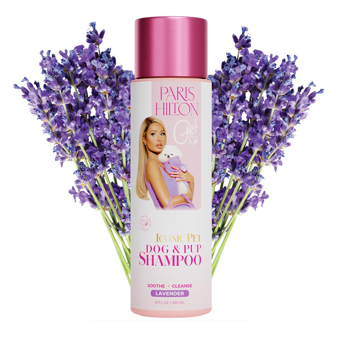 Paris Hilton Dog Shampoo bottle with lavender scent for calming baths