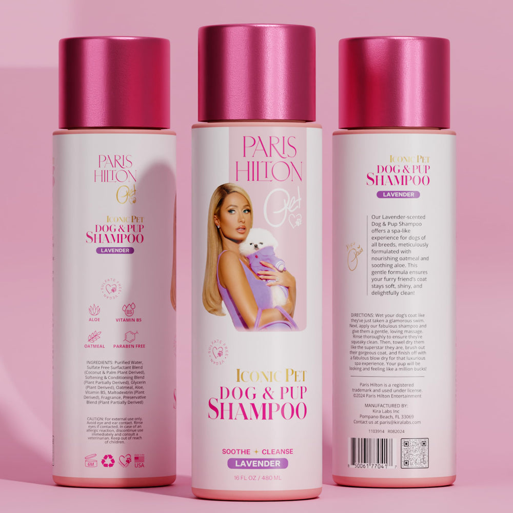 Paris Hilton Dog Shampoo pump bottle closeup showing gentle cleansing