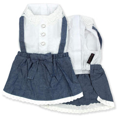 Parisian Pet Chambray Overall on beach scene, lightweight fabric helps keep pets cool.