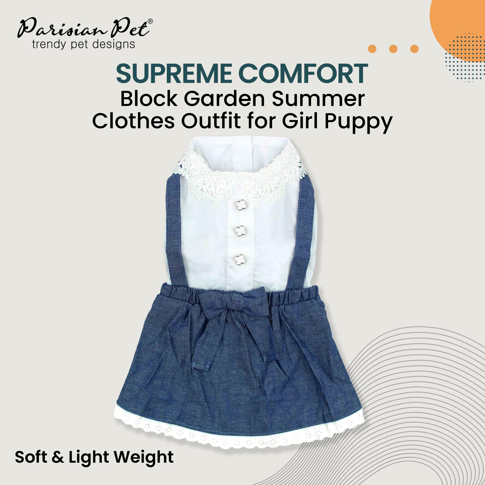 Parisian Pet Chambray Overall close-up with buttons and laces, adds chic detail.