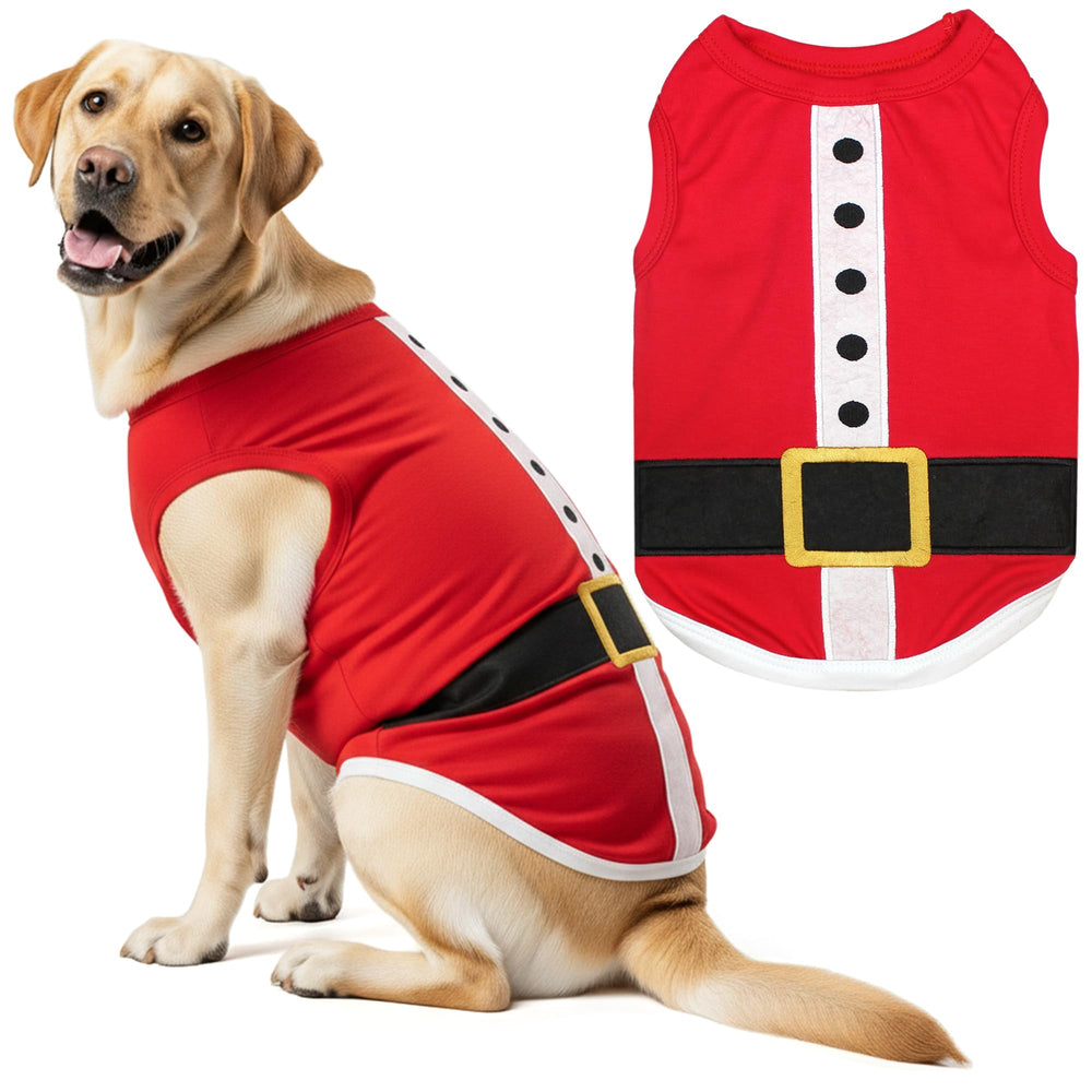 Parisian Pet dog t-shirt with embroidered Santa outfit offers festive look and cozy comfort on walks.