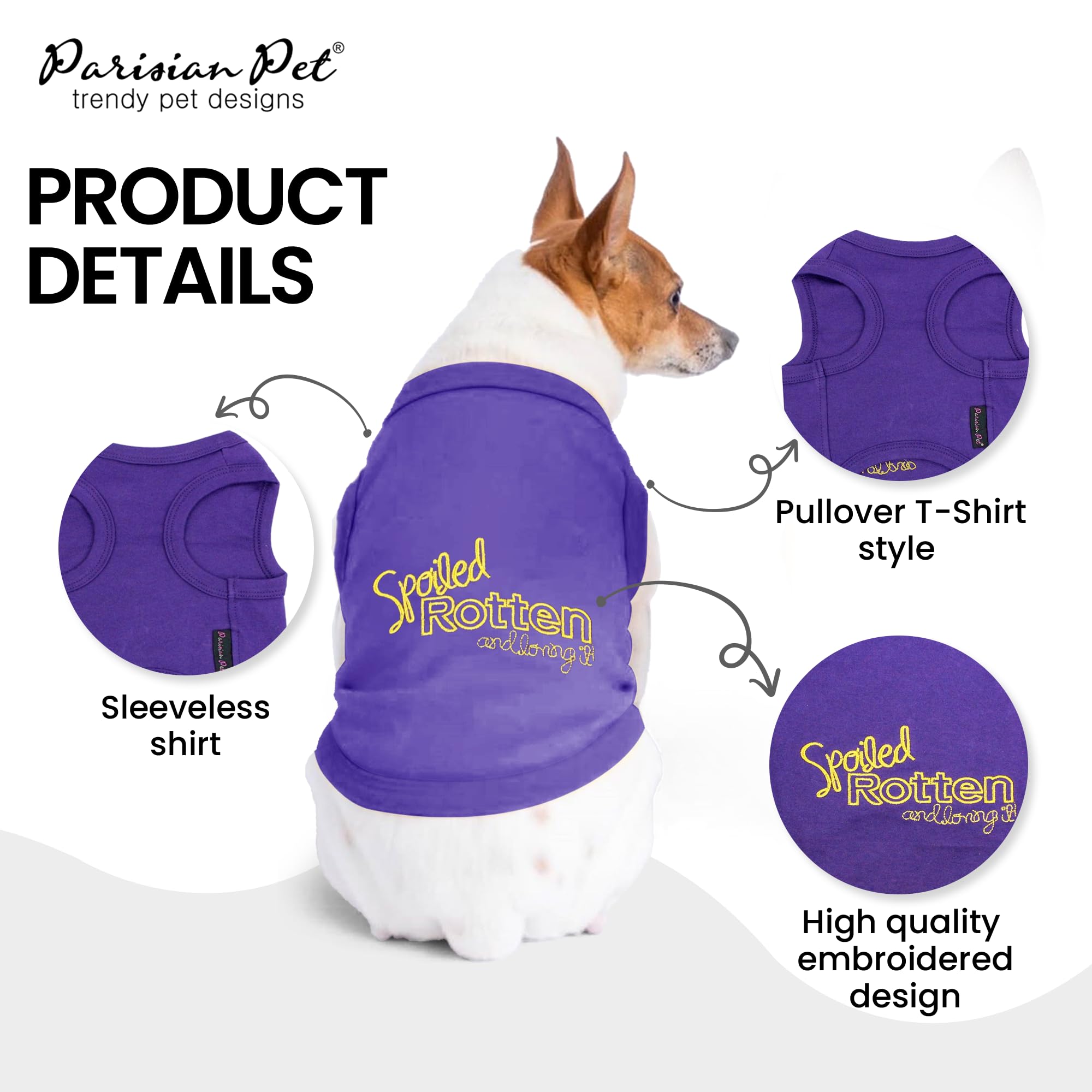 Parisian Pet dog T-Shirt worn-by-pet demonstrates breathable cotton and easy-care fabric.
