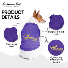 Parisian Pet dog T-Shirt worn-by-pet demonstrates breathable cotton and easy-care fabric.