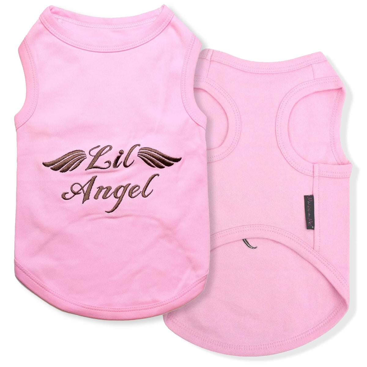 Parisian Pet Lil Angel embroidered t-shirt front view for dogs, lightweight and breathable.