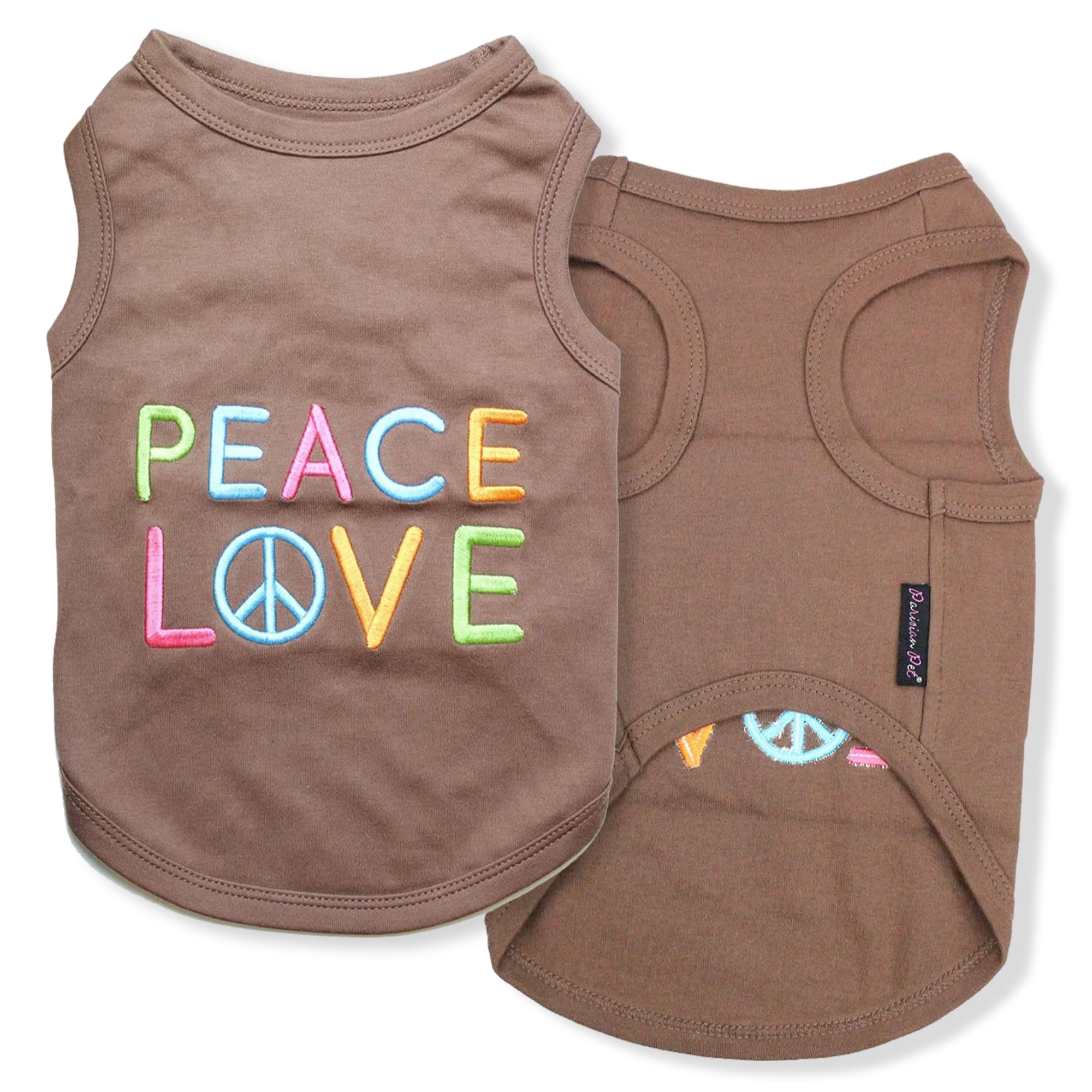 Parisian Pet Love Peace embroidery closeup shows cheerful message for stylish dog walks