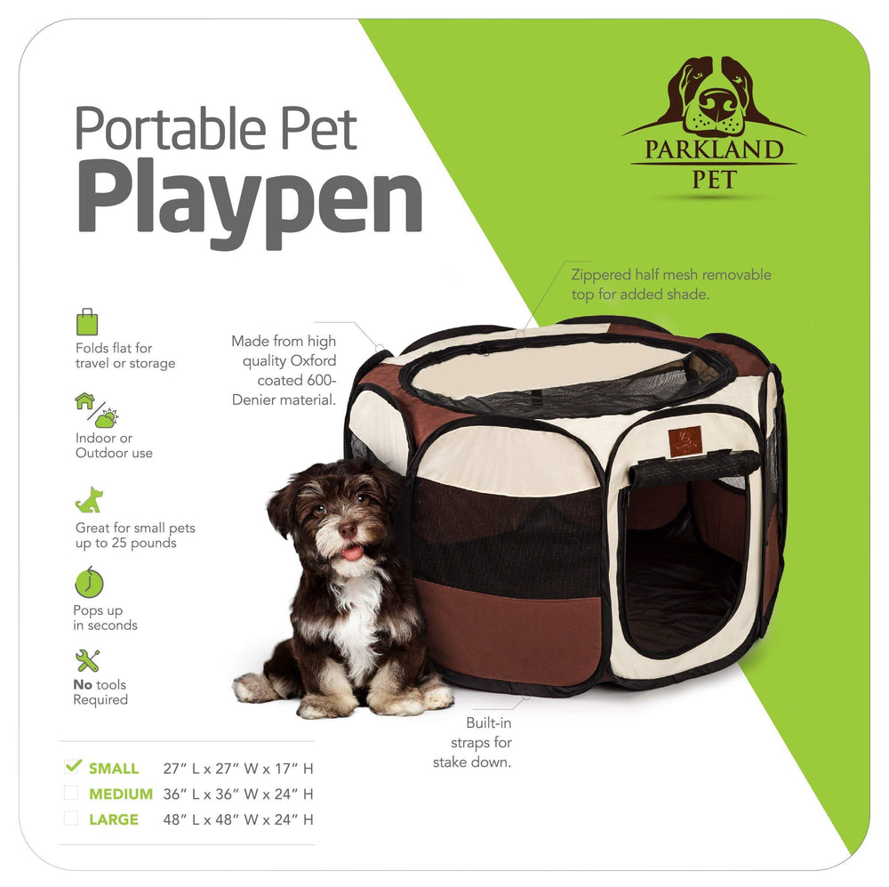 Parkland Pet playpen mesh shade cover attached for cooling shade during outdoor use.