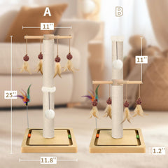 PAROTO cat post feather toy illustrates versatile play and easy storage
