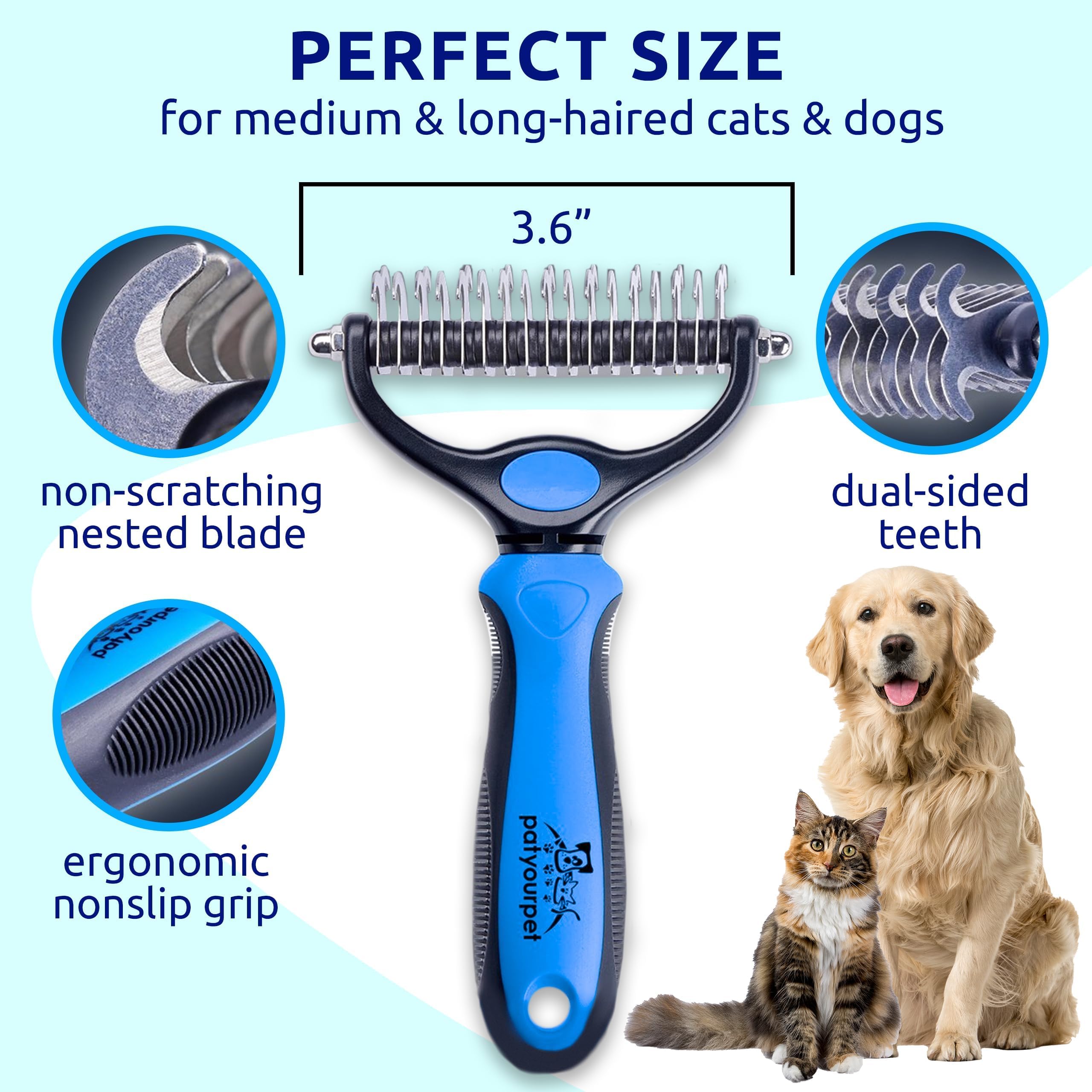 Pat Your Pet Deshedding Brush includes a paw tag for pet safety and quick ID.