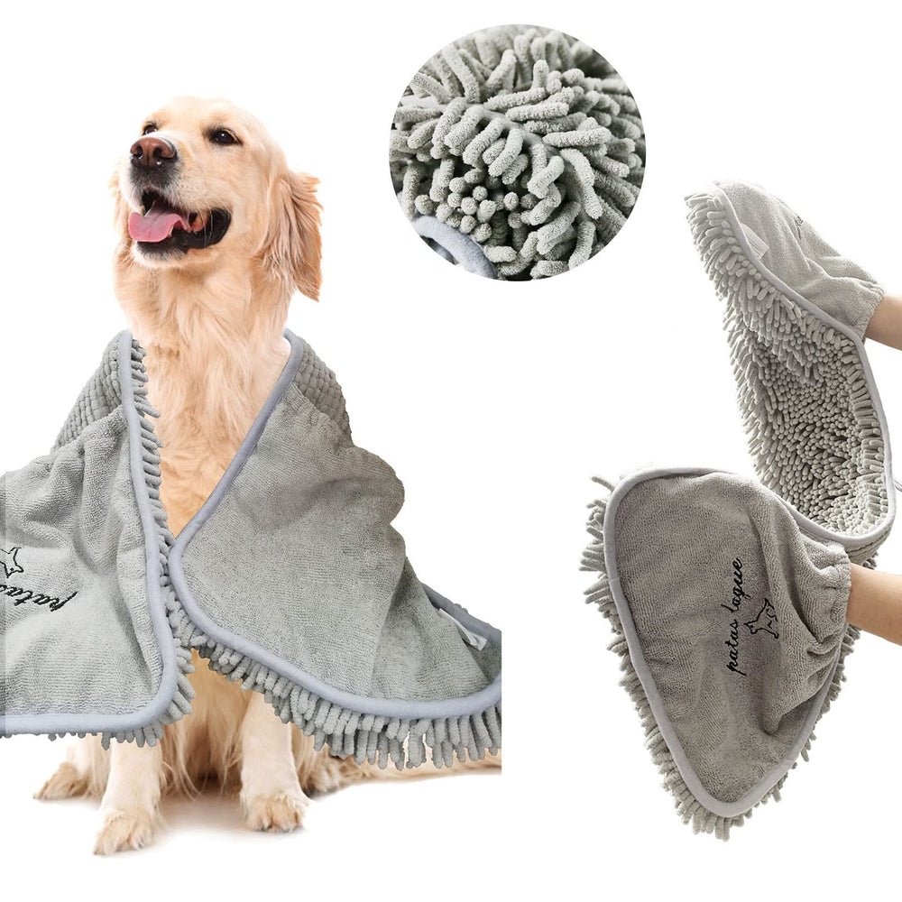 Patas Lague absorbent dog towel in soft chenille gently dries a large coat