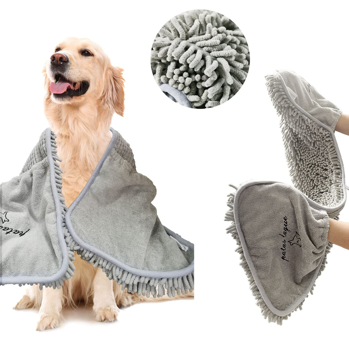 Patas Lague absorbent dog towel in soft chenille gently dries a large coat