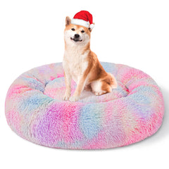 Patas Lague Calming Dog Bed outer view shows plush faux fur for warm all-season lounging.