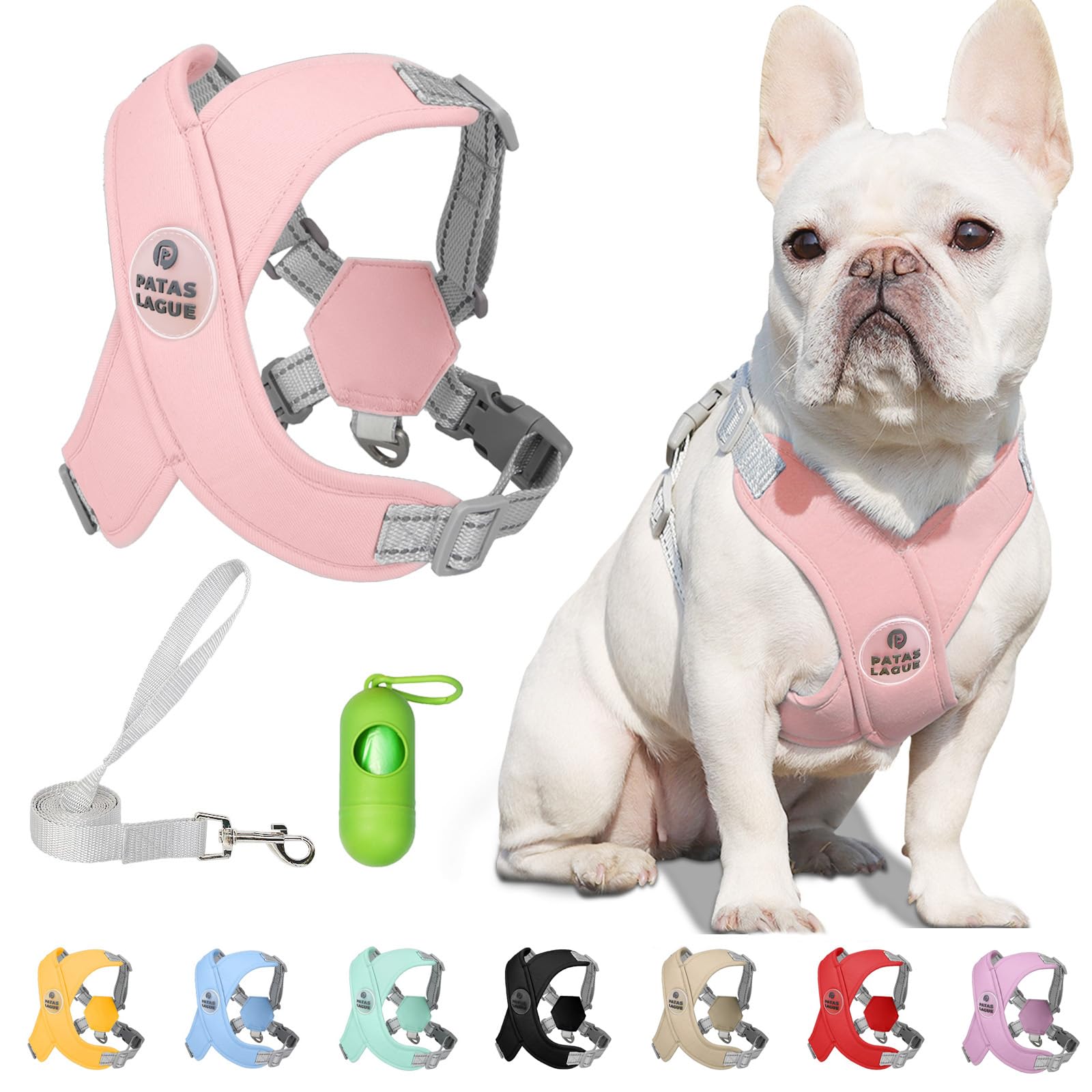 Patas Lague dog harness pink front view highlights soft padding for comfortable daily walks.