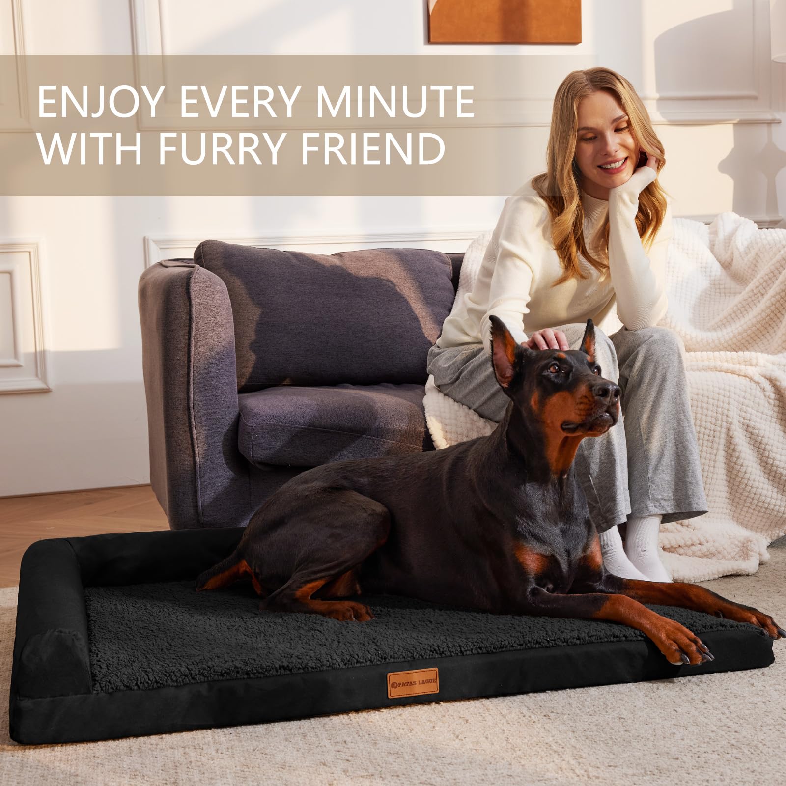 Patas Lague Orthopedic XL Dog Bed cover fabric close up features soft fleece and waterproof layer