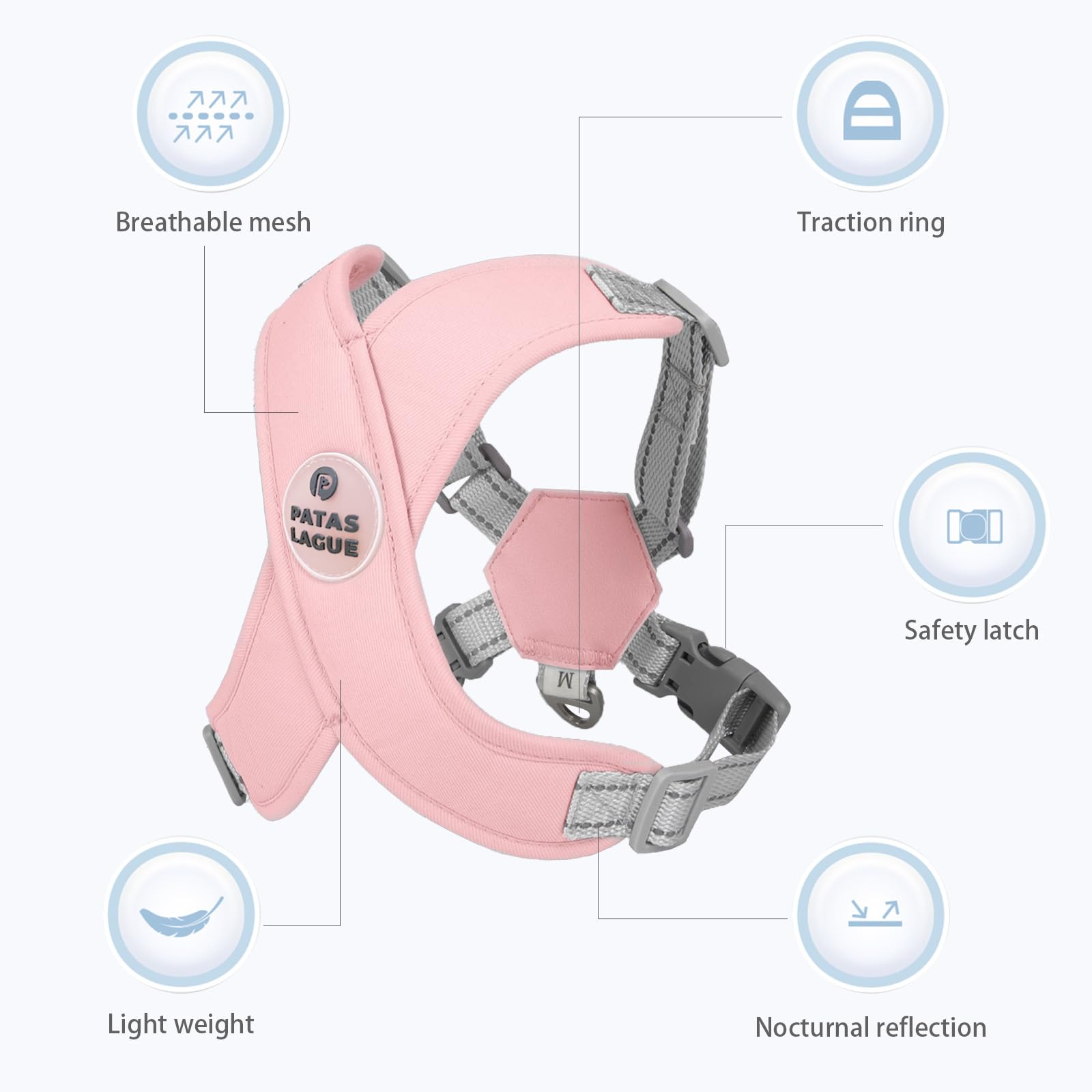 Patas Lague soft-padded pink vest showcases easy step-in comfort for pets.