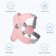 Patas Lague soft-padded pink vest showcases easy step-in comfort for pets.