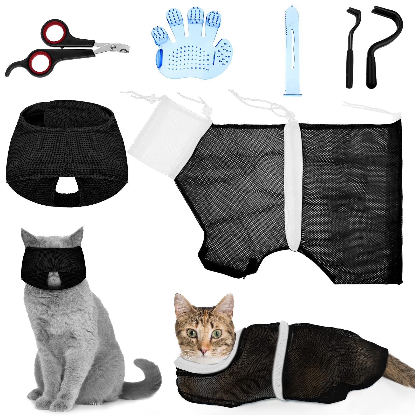 Patelai cat bathing bag set packaging shows all-in-one grooming kit for safe home baths.