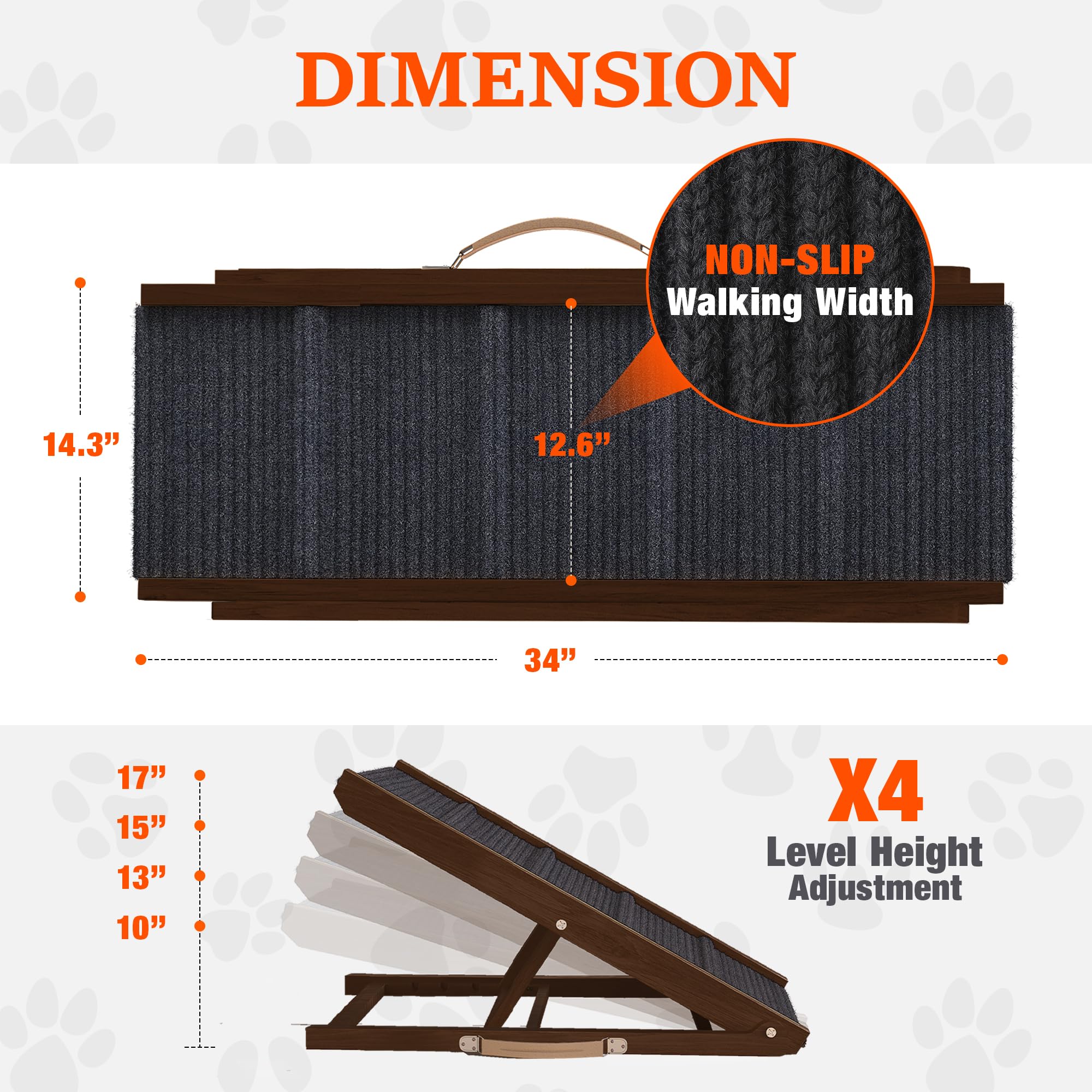 PATHOSIO PETS adjustable dog ramp with gray carpet provides secure footing.