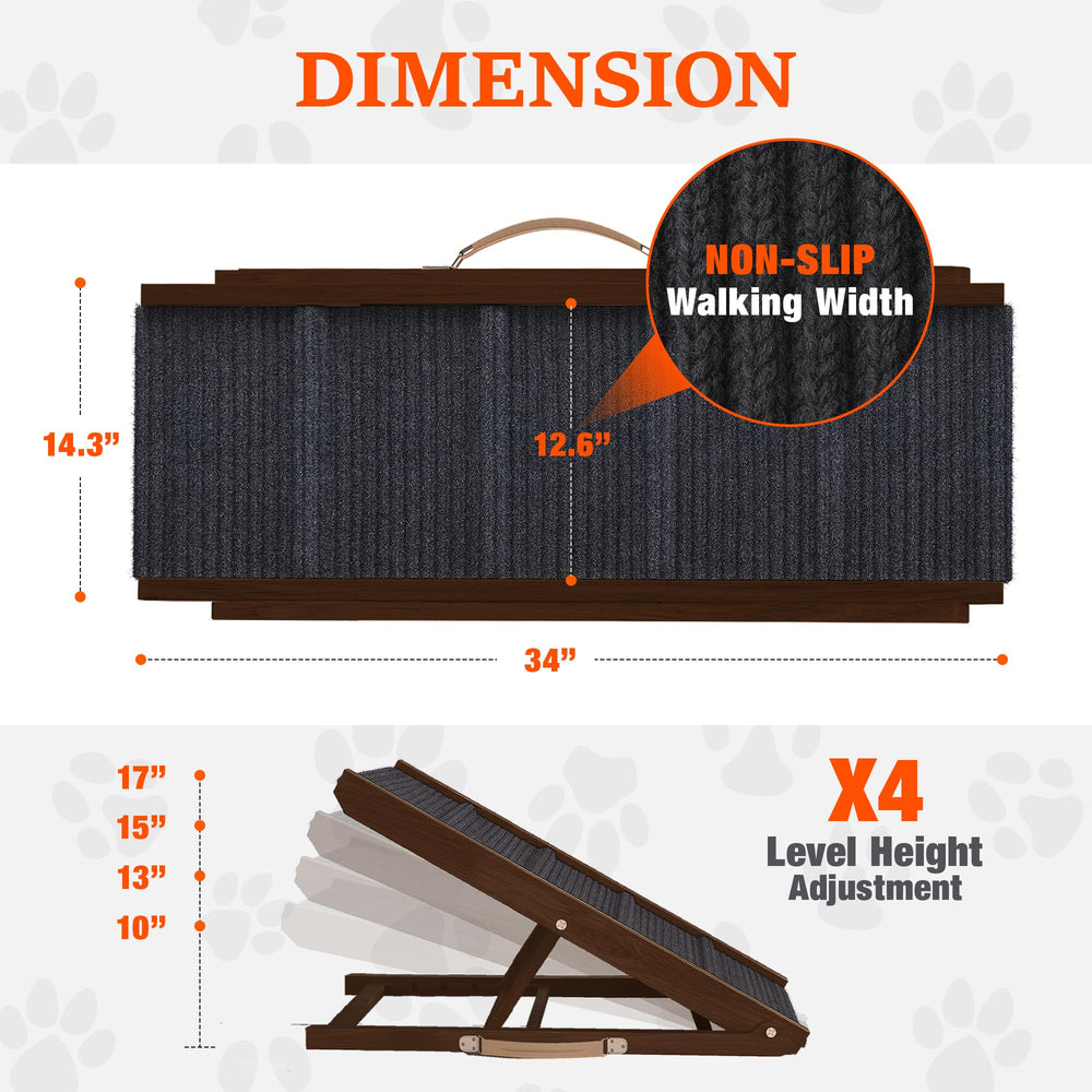 PATHOSIO PETS adjustable dog ramp with gray carpet provides secure footing.