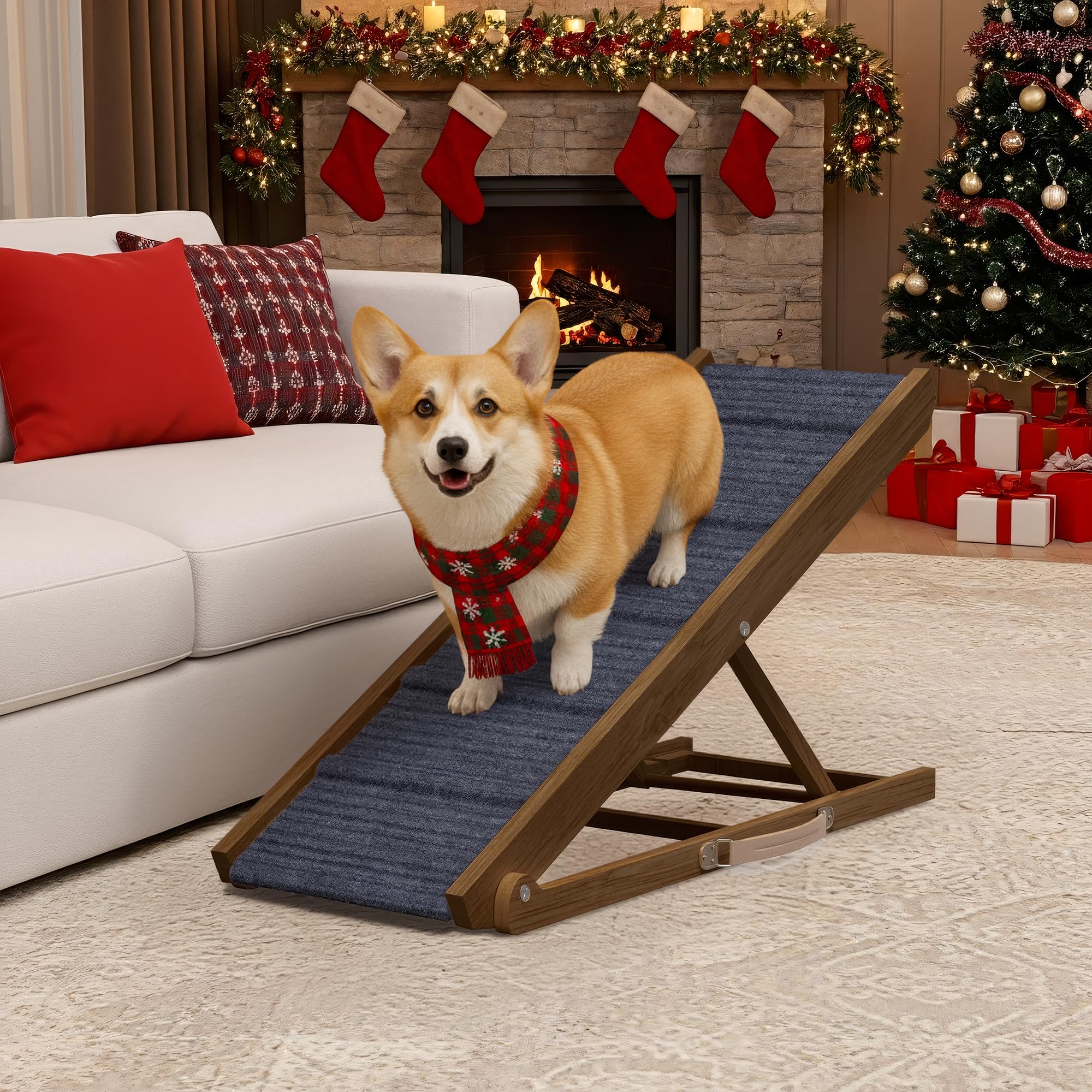 PATHOSIO PETS adjustable dog ramp folded beside the bed with walnut wood and gray carpet