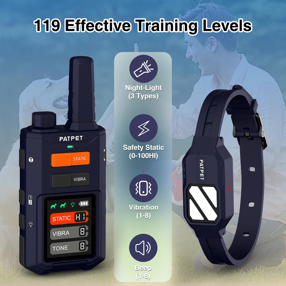 PATPET collar side view highlights flash lights and training modes for on-the-go use