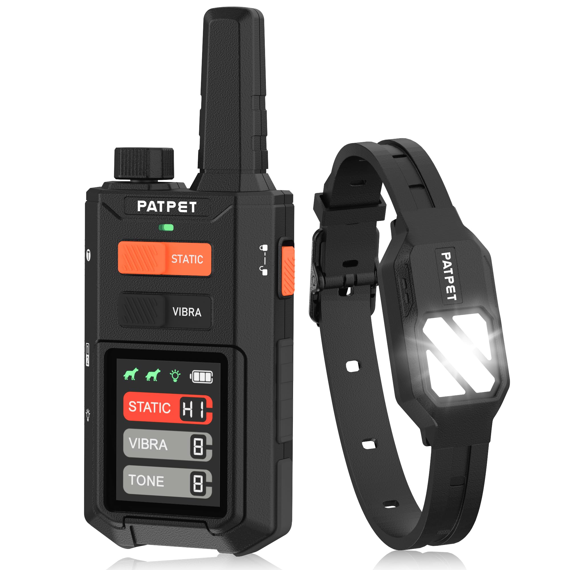 PATPET dog training collar night lights illuminate evening walks for safer control.