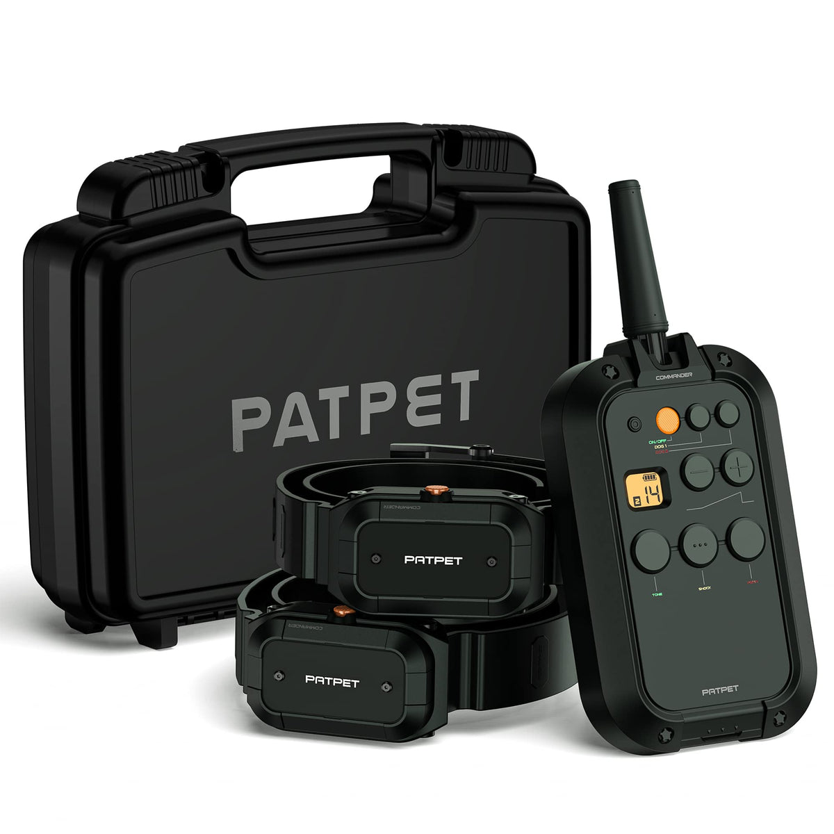 PATPET dual-dog training collar remote shows two-channel control for efficient obedience training.