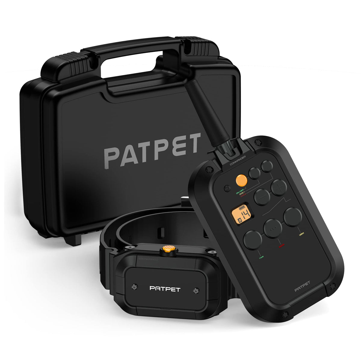 PATPET training collar remote demonstrates dual-channel control for multiple dogs.