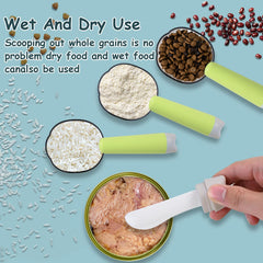 Pattheboo dog food scoop in bag; easy scooping from large grocery bags.