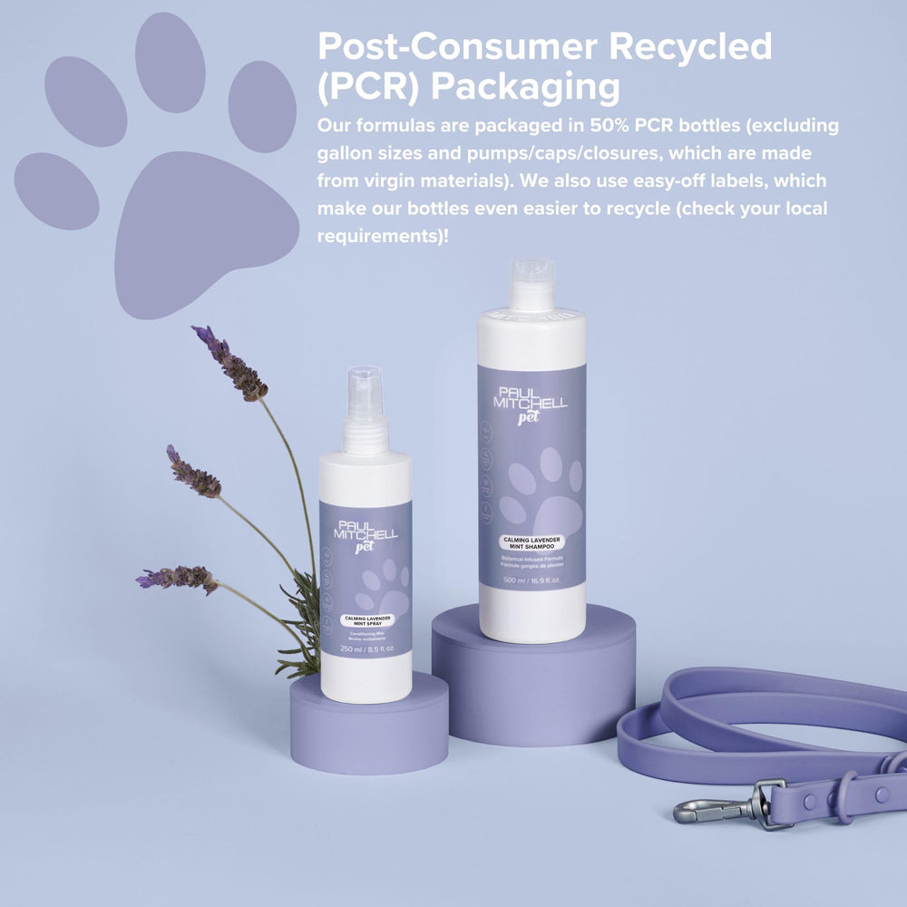 Paul Mitchell Pet Calming Lavender Mint Shampoo aloe detail emphasizes moisture for coats.